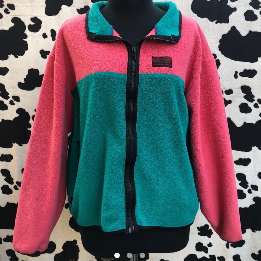 vintage 80s color block fleece jacket - zip up